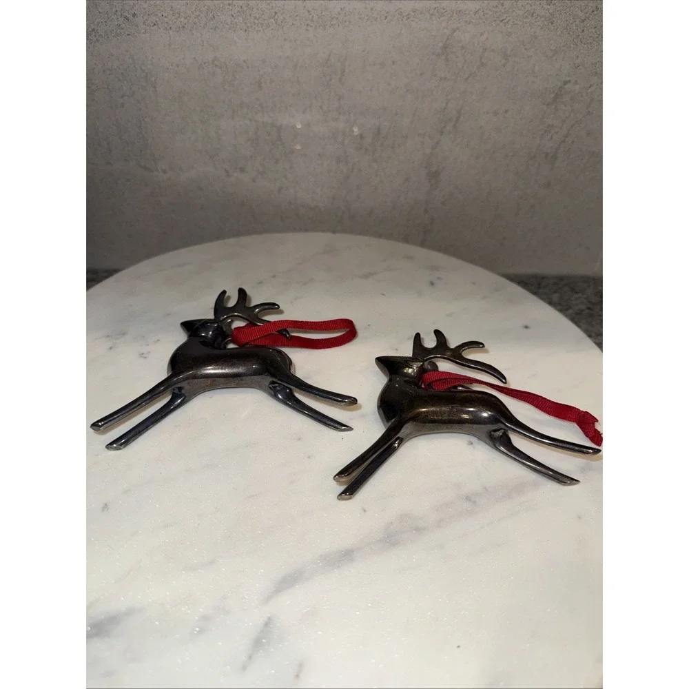 Pair Pottery Barn Silver Plated REINDEER Christmas Ornament with Red Ribbon